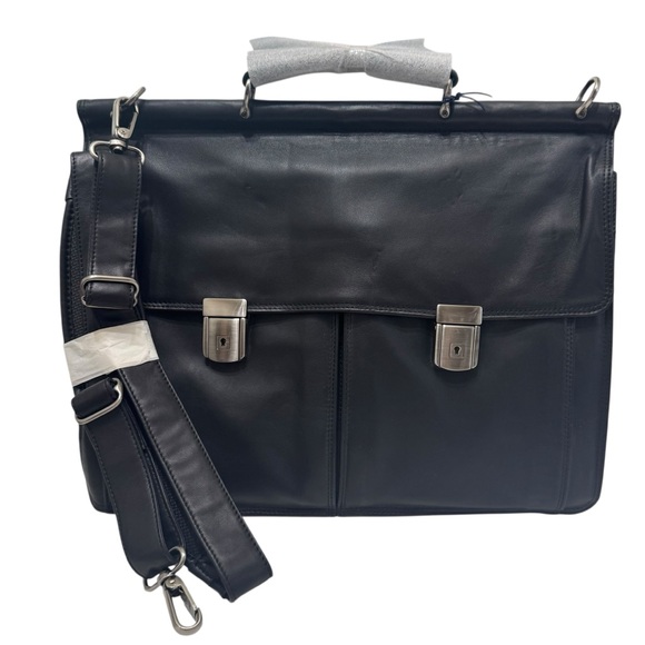 El Portal Expression Dowel Top Briefcase EC-1006 Nappa Leather Black Work Bag - Picture 1 of 9